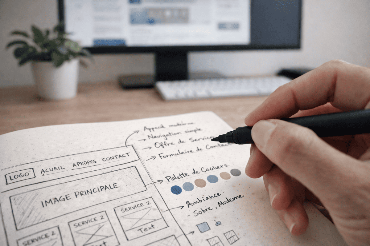 Carnet de conception de site web avec croquis, notes de web design et palette de couleurs sur un bureau